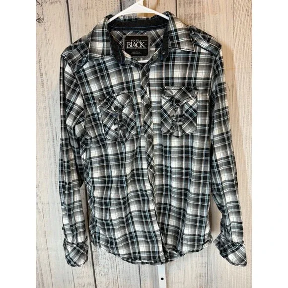 Buckle Black Men’s Shirt Small Slim Fit Snaps Plaid Black White Blue Long Sleeve - Picture 1 of 6